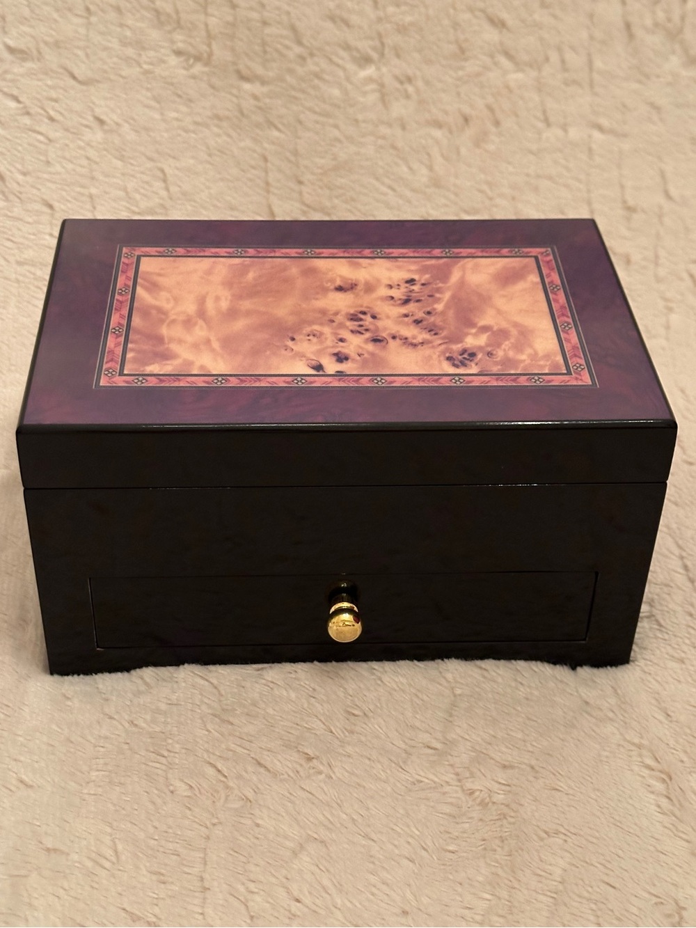Lacquered Jewelry Box with Inlaid Wood Top